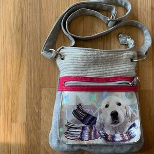 fluffy dog bag with dog on the front